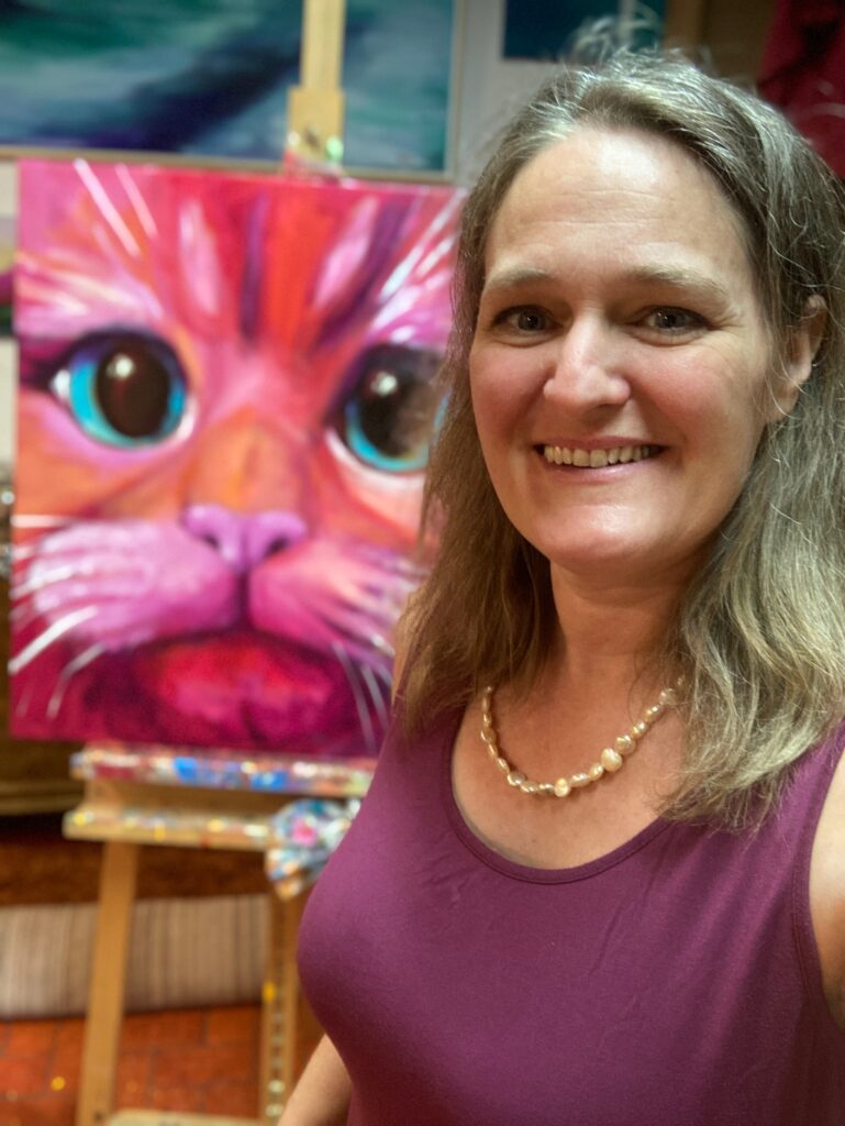 Acrylic pet portrait of a cat with soulful eyes, painted by Sabine Thalhammer